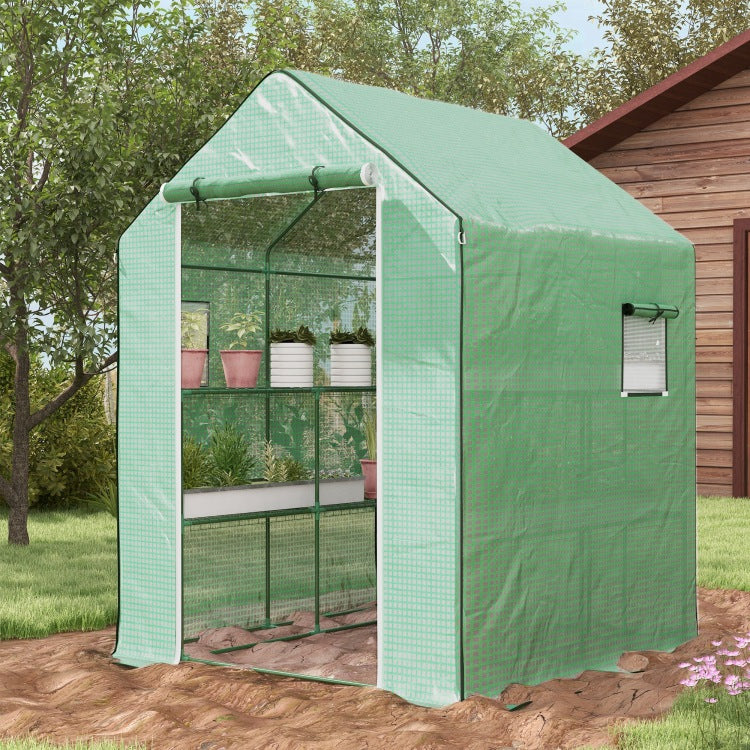 Outsunny 4.6' X 4.7' Portable Greenhouse, Water Uv Resistant Walk In Small Outdoor Greenhouse With 2 Tier U Shaped Flower Rack Shelves, Roll Up Door & Windows, Green