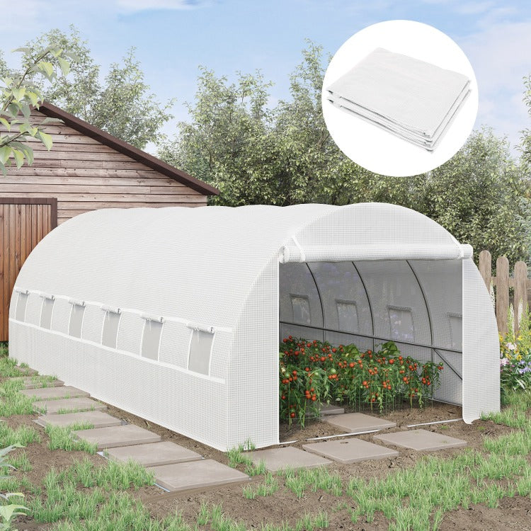 Outsunny 19.7' X 9.8' X 6.6' Plastic Greenhouse Cover Replacement, Heavy Duty Waterproof Tarp For Hoop House, Sheeting With 12 Windows, Door & Reinforcement Grid, White