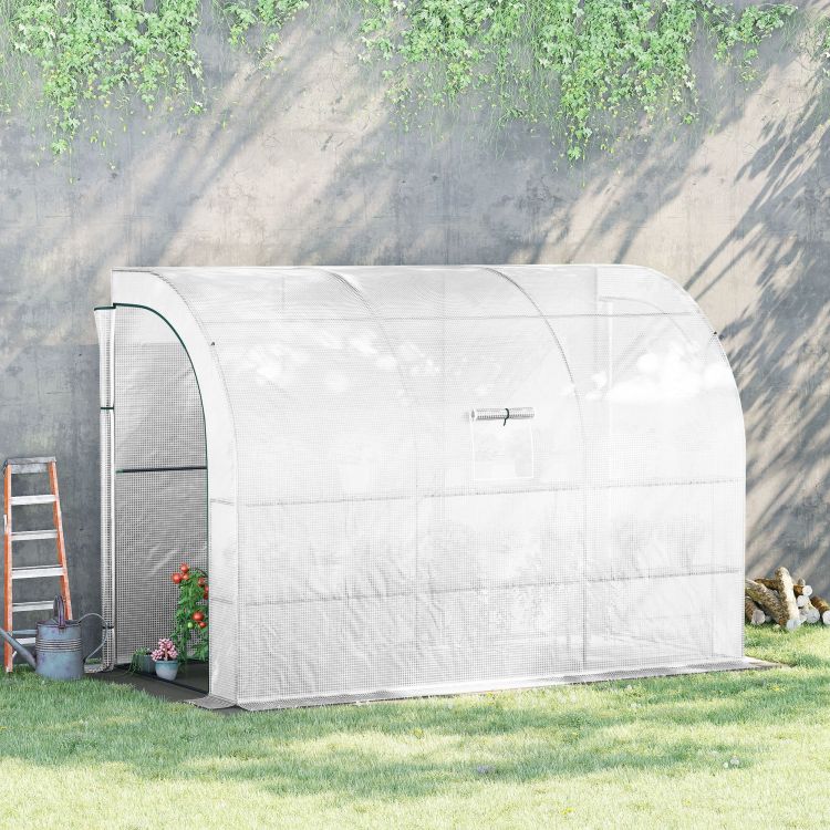 Outsunny 10' X 5' X 7' Lean To Greenhouse, Walk In Green House, Plant Nursery With 2 Roll Up Doors And Windows, Pe Cover And 3 Wire Shelves, White