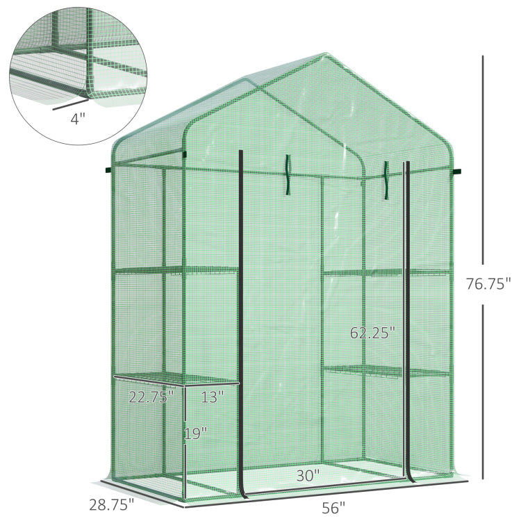 Outsunny 5' X 2.5' X 6.5' Mini Walk In Greenhouse Kit, Portable Green House With 3 Tier Shleves, Roll Up Door, And Weatherized Pe Cover For Backyard Garden, Green