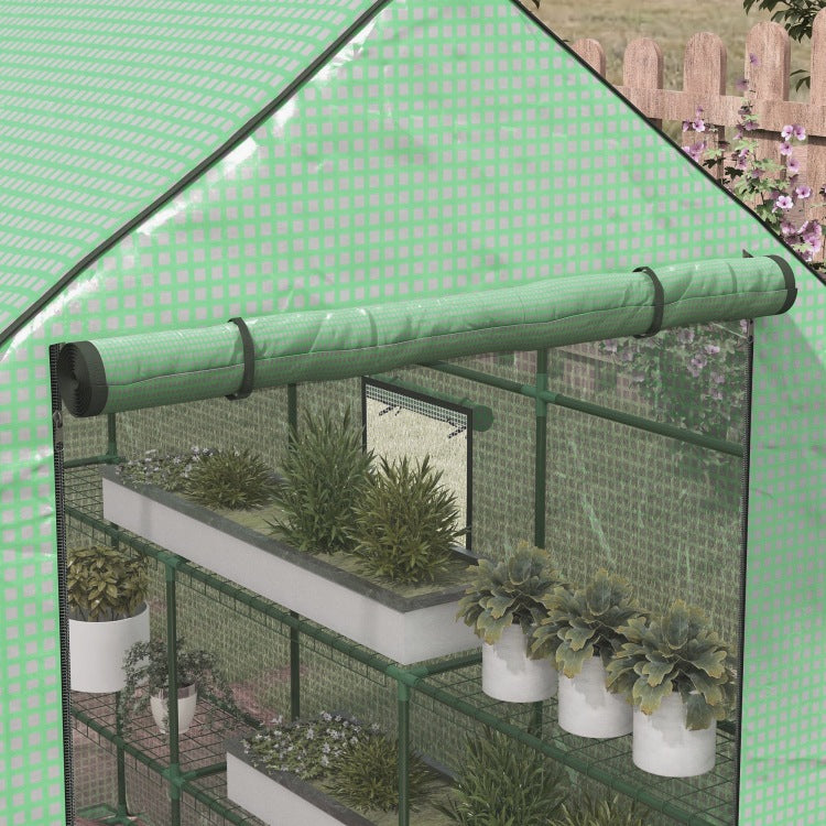 Outsunny 4.6' X 4.7' Portable Greenhouse, Water Uv Resistant Walk In Small Outdoor Greenhouse With 2 Tier U Shaped Flower Rack Shelves, Roll Up Door & Windows, Green