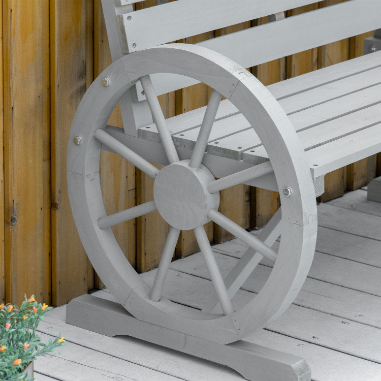 Outsunny 41" Wooden Wagon Wheel Bench, Rustic Outdoor Patio Weather Resistance Furniture, 2 Person Slatted Seat Bench With Backrest, Light Gray