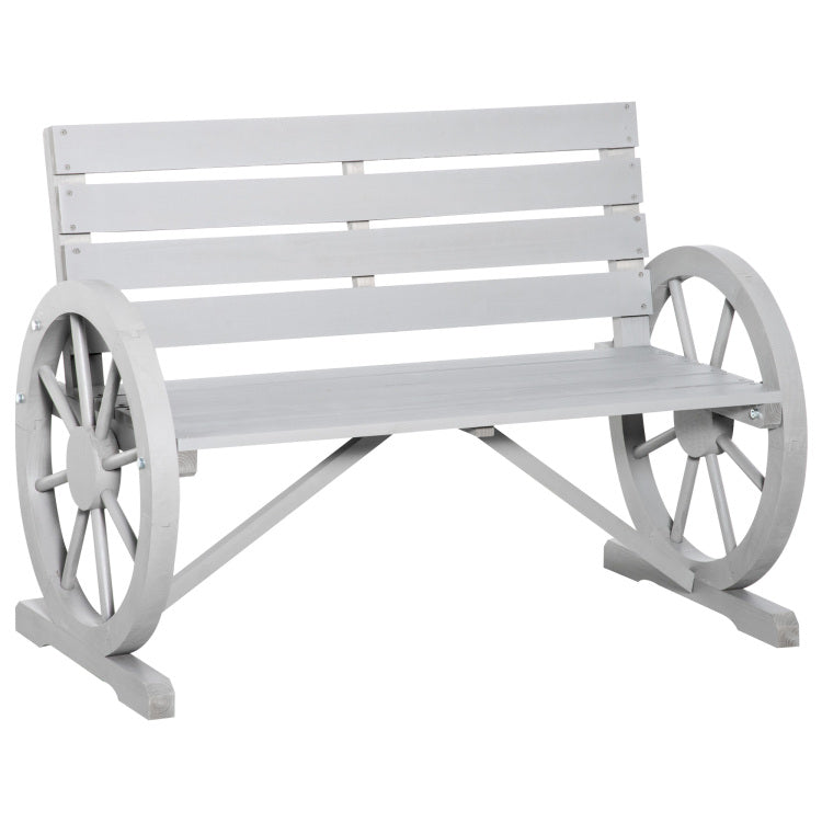 Outsunny 41" Wooden Wagon Wheel Bench, Rustic Outdoor Patio Weather Resistance Furniture, 2 Person Slatted Seat Bench With Backrest, Light Gray