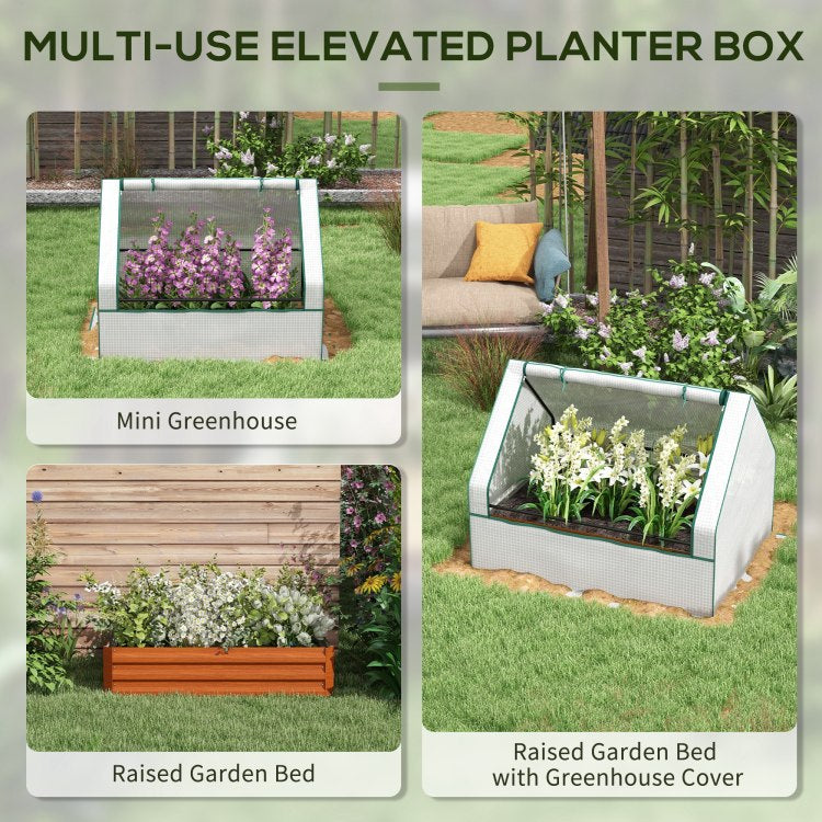 Outsunny Raised Garden Bed With Mini Greenhouse, Galvanized Outdoor Planter Box With Cover, For Herbs And Vegetables, Use For Patio, Garden, Balcony, White Cover And Brown Planter