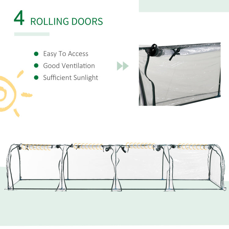 Outsunny Mini Greenhouse, Portable 13' L X 3' W X 2.5' H Tunnels, 4 Roll Up Zip Doors, Uv Waterproof Pvc Cover, Steel Frame, Green