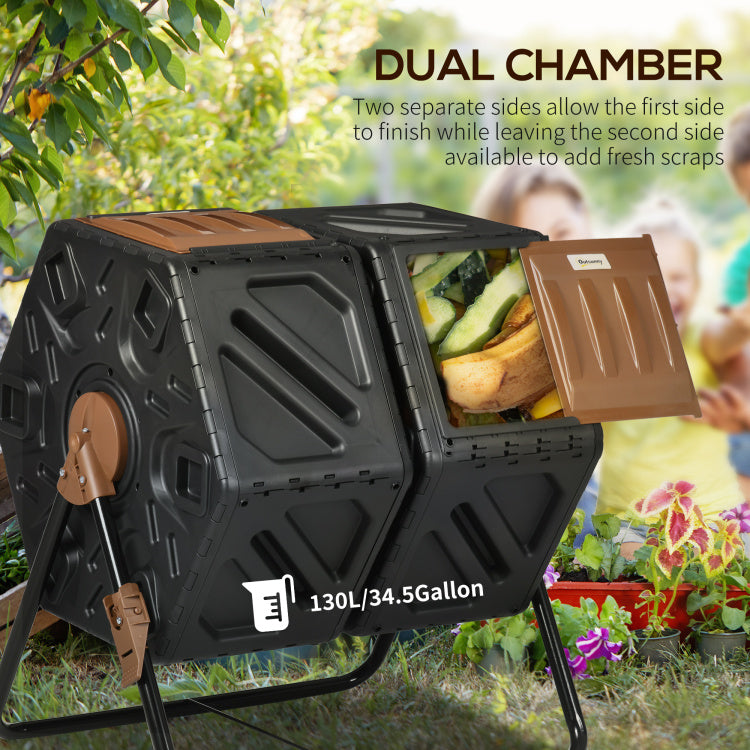 Outsunny Dual Chamber Compost Tumbler Bin, Outdoor Tumbling Composter With 24 Ventilation Openings And Steel Legs, 34.5 Gallon