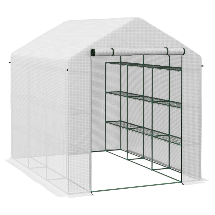 Outsunny Walk In Greenhouse For Outdoors With Roll Up Zipper Door, 18 Shelves, Pe Cover, Small And Portable Green House, Heavy Duty Humidity Seal, 95.25" X 70.75" X 82.75", White