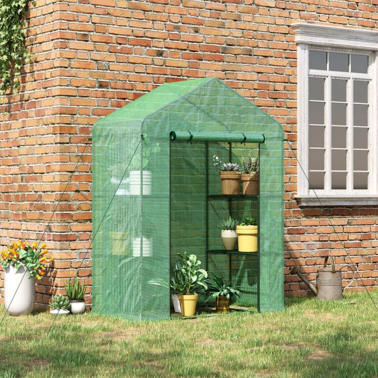 Outsunny 5' X 2.5' X 6.5' Mini Walk In Greenhouse Kit, Portable Green House With 3 Tier Shleves, Roll Up Door, And Weatherized Pe Cover For Backyard Garden, Green
