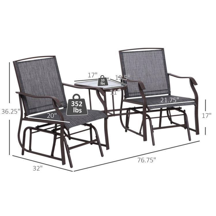 Outsunny Outdoor Glider Chairs With Coffee Table, Patio 2 Seat Rocking Chair Swing Loveseat With Sling For Backyard, Garden And Porch, Grey