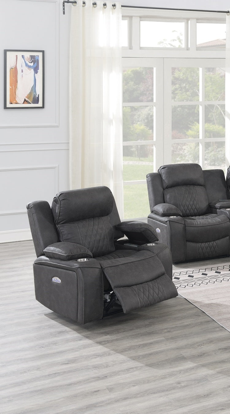Power Motion Recliner Chair 1Pc Chair Contemporary Charcoal Color Gel Fabric Storage Arms W Cup Holder Living Room Furniture