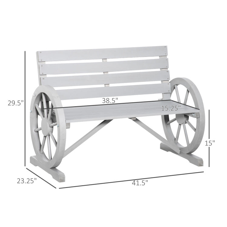 Outsunny 41" Wooden Wagon Wheel Bench, Rustic Outdoor Patio Weather Resistance Furniture, 2 Person Slatted Seat Bench With Backrest, Light Gray