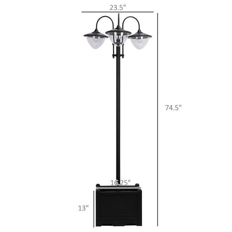 Outsunny 74.5" 3 Head Solar Lamp Post Street Light With Planter, Automatic On, 6 Hour Max Outdoor Ready Led Lighting, Black