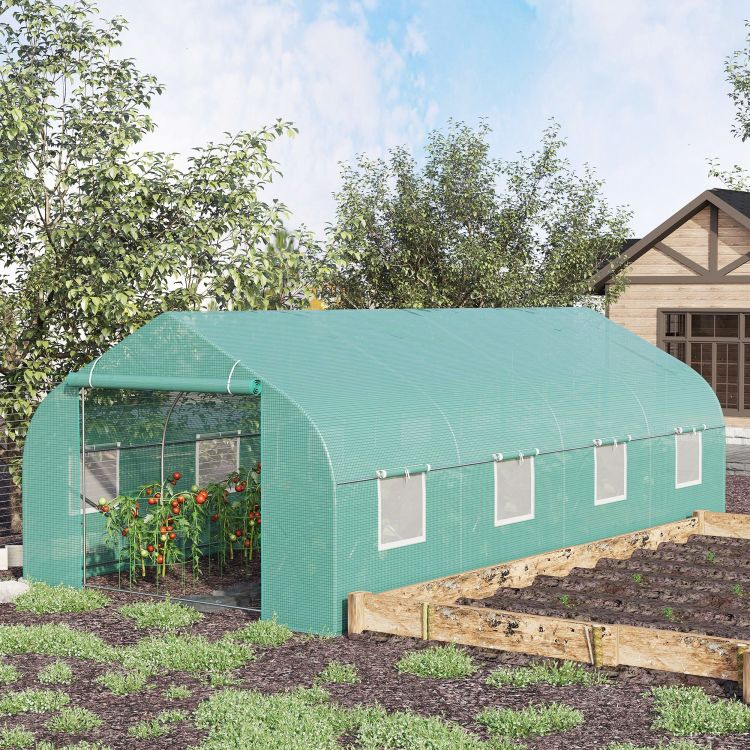 Outsunny 20' X 10' X 7' Outdoor Walk In Greenhouse, Tunnel Green House With Roll Up Windows, Zippered Door, Pe Cover, Heavy Duty Steel Frame, Green