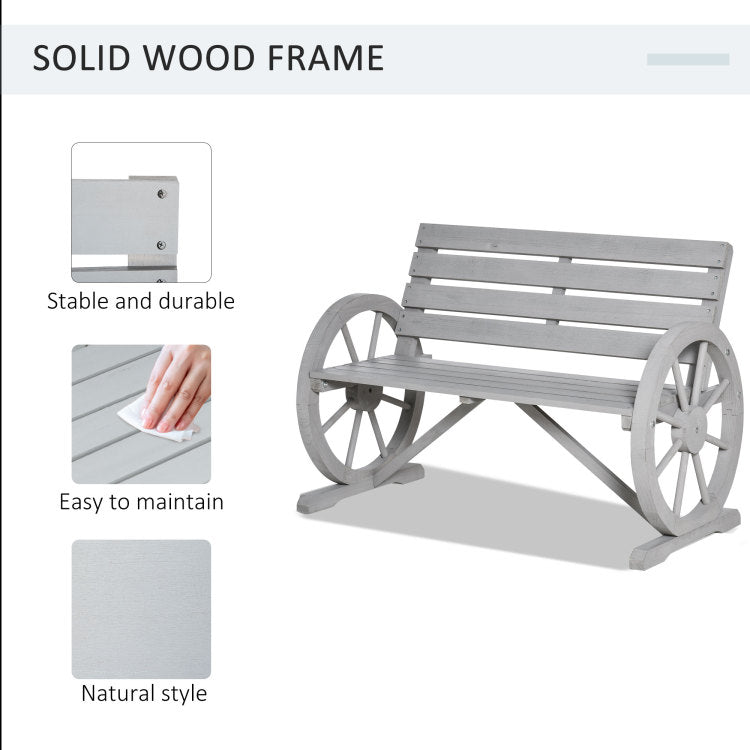 Outsunny 41" Wooden Wagon Wheel Bench, Rustic Outdoor Patio Weather Resistance Furniture, 2 Person Slatted Seat Bench With Backrest, Light Gray