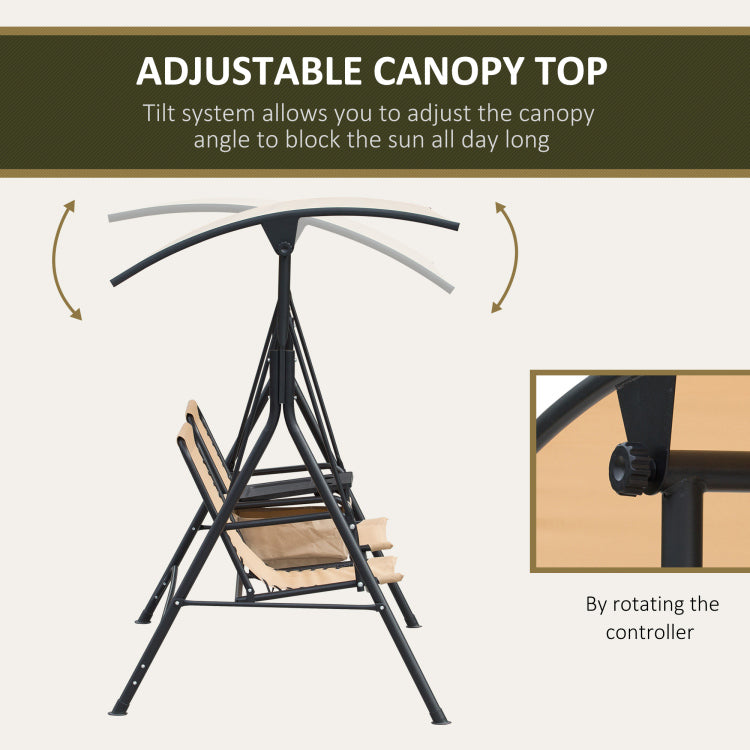 Outsunny 2 Seat Patio Swing Chair, Outdoor Canopy Swing Glider With Pivot Storage Table, Cup Holder, Adjustable Shade, Bungie Seat Suspension And Weather Resistant Steel Frame, Beige