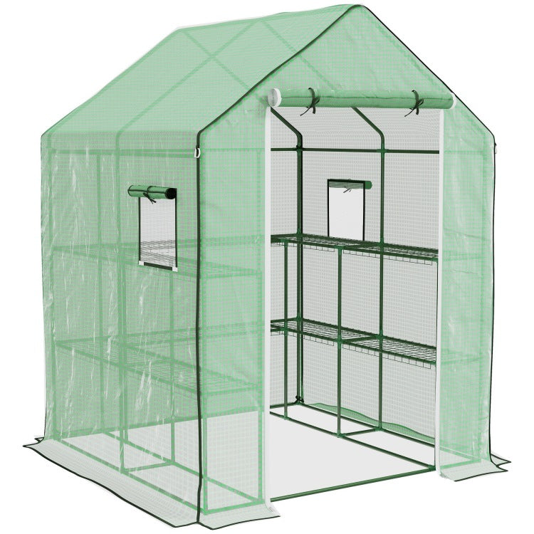 Outsunny 4.6' X 4.7' Portable Greenhouse, Water Uv Resistant Walk In Small Outdoor Greenhouse With 2 Tier U Shaped Flower Rack Shelves, Roll Up Door & Windows, Green