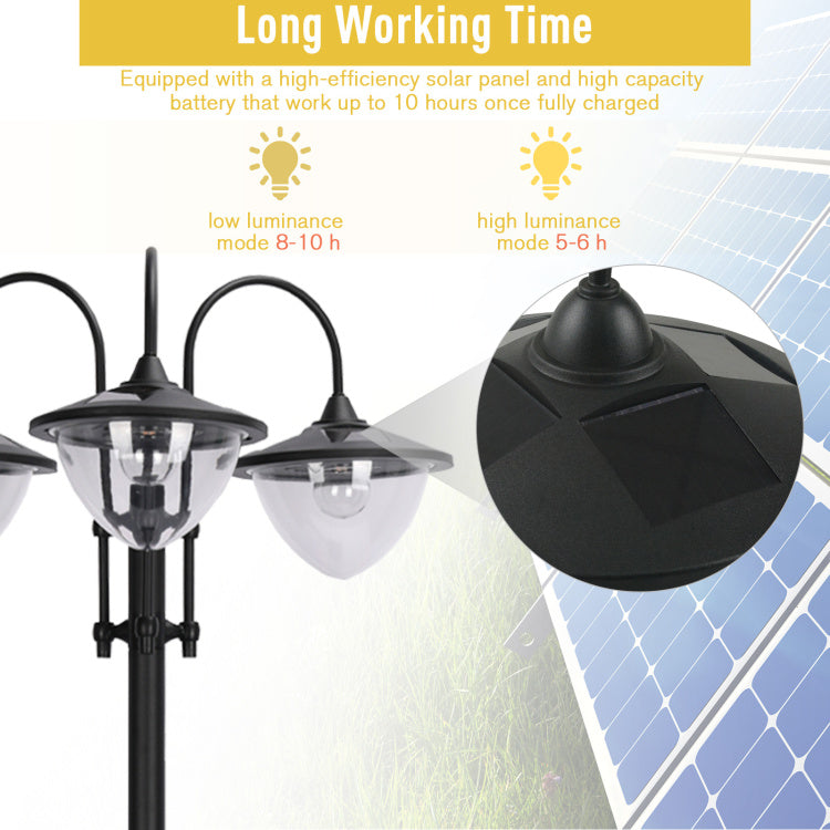 Outsunny 74.5" 3 Head Solar Lamp Post Street Light With Planter, Automatic On, 6 Hour Max Outdoor Ready Led Lighting, Black