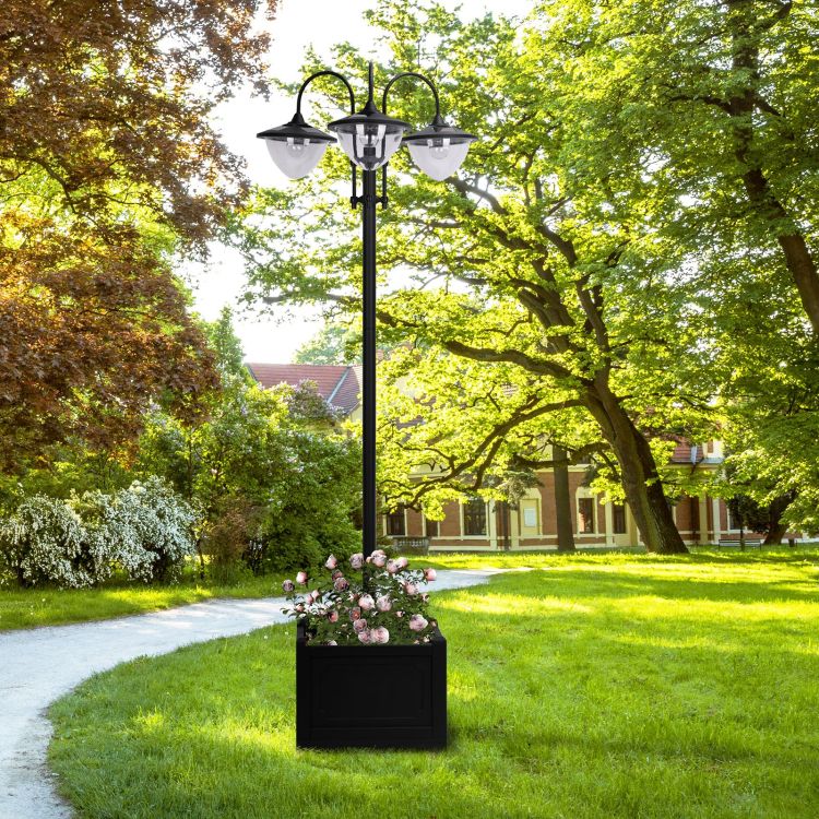 Outsunny 74.5" 3 Head Solar Lamp Post Street Light With Planter, Automatic On, 6 Hour Max Outdoor Ready Led Lighting, Black