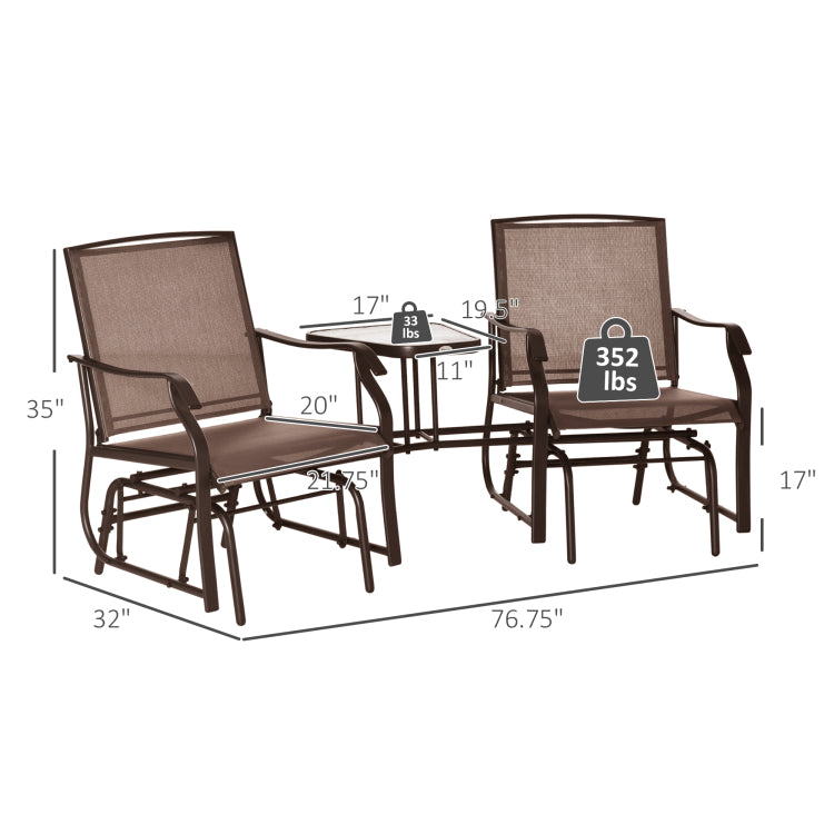 Outsunny Outdoor Glider Chairs With Coffee Table, Patio 2 Seat Rocking Chair Swing Loveseat With Sling For Backyard, Garden, And Porch, Coffee Brown