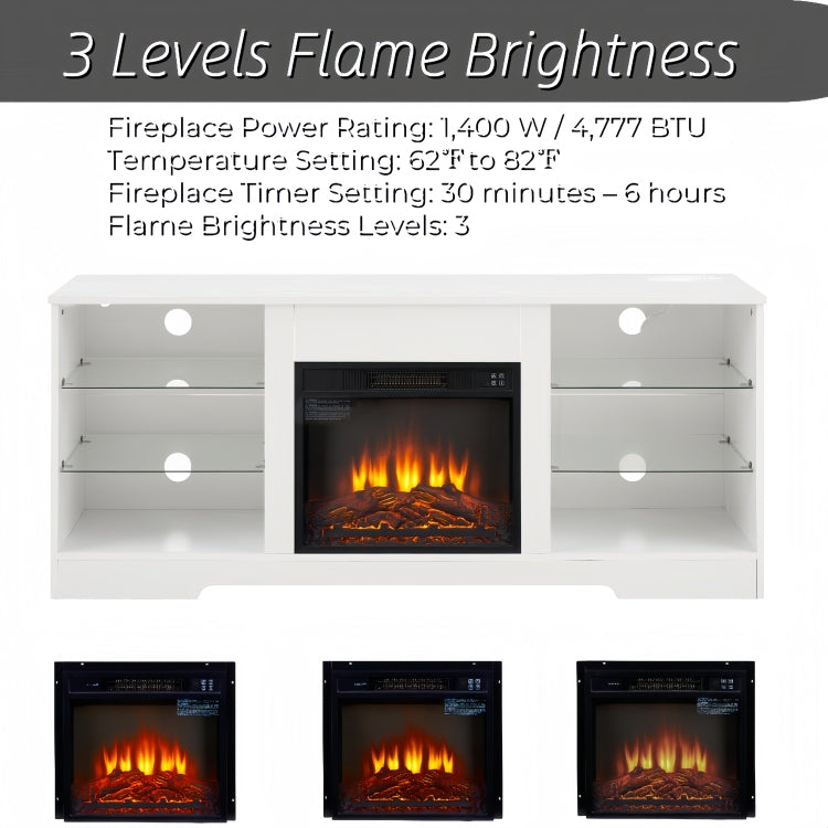 Tv Stand Electric Fireplace Tv Stand With Glass Shelves, 3D Fireplace Tv Stand With Led Lights Wood With Usb Charging Outlet Modern Television Table Center For Tv Up To 32 62" White