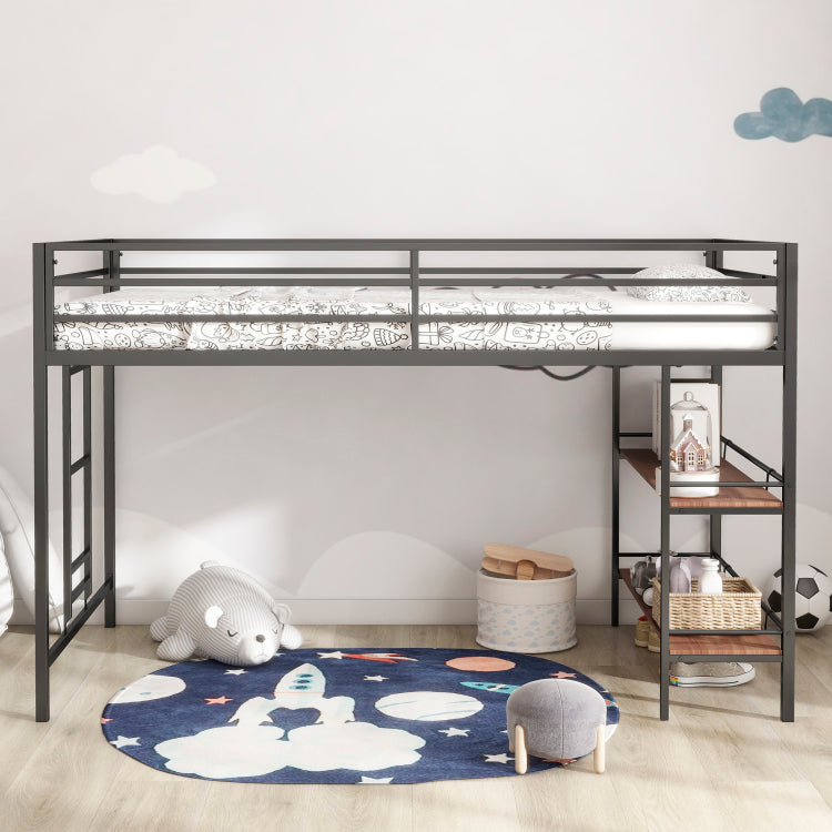 Adam Sturdy Junior Twin Loft Bed Black With Cinnamon Wood Shelf For Kids, Space Saving, Loft Bed With Easy Climbing Ladder And Guardrails, Loft Bed Frame For Bedroom
