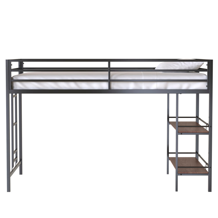 Adam Sturdy Junior Twin Loft Bed Black With Cinnamon Wood Shelf For Kids, Space Saving, Loft Bed With Easy Climbing Ladder And Guardrails, Loft Bed Frame For Bedroom