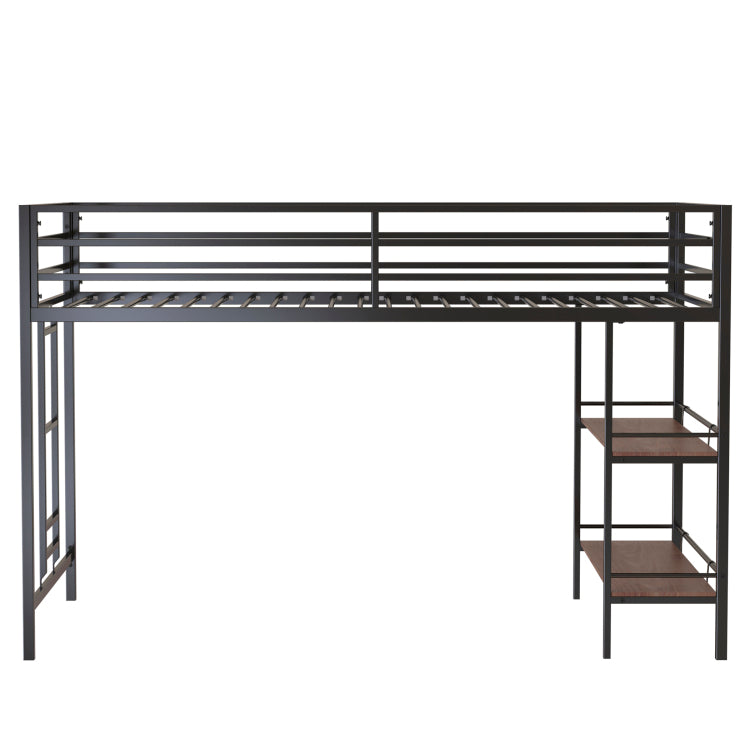 Adam Sturdy Junior Twin Loft Bed Black With Cinnamon Wood Shelf For Kids, Space Saving, Loft Bed With Easy Climbing Ladder And Guardrails, Loft Bed Frame For Bedroom
