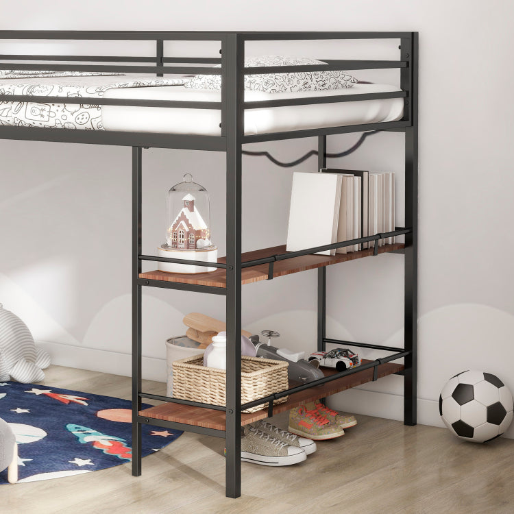 Adam Sturdy Junior Twin Loft Bed Black With Cinnamon Wood Shelf For Kids, Space Saving, Loft Bed With Easy Climbing Ladder And Guardrails, Loft Bed Frame For Bedroom