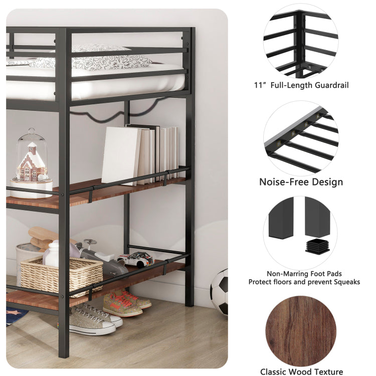 Adam Sturdy Junior Twin Loft Bed Black With Cinnamon Wood Shelf For Kids, Space Saving, Loft Bed With Easy Climbing Ladder And Guardrails, Loft Bed Frame For Bedroom