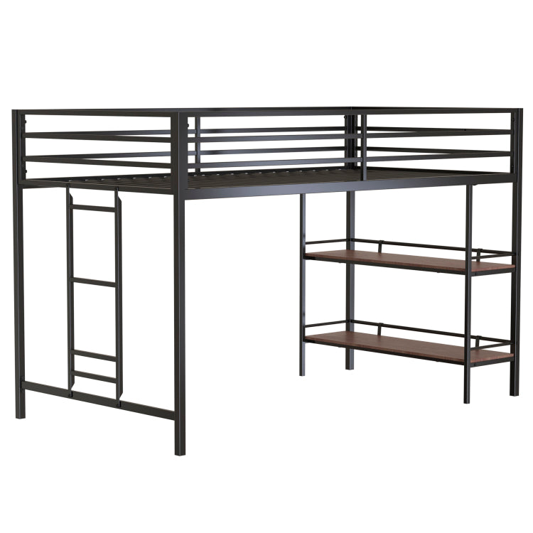 Adam Sturdy Junior Twin Loft Bed Black With Cinnamon Wood Shelf For Kids, Space Saving, Loft Bed With Easy Climbing Ladder And Guardrails, Loft Bed Frame For Bedroom