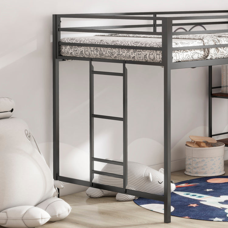 Adam Sturdy Junior Twin Loft Bed Black With Cinnamon Wood Shelf For Kids, Space Saving, Loft Bed With Easy Climbing Ladder And Guardrails, Loft Bed Frame For Bedroom