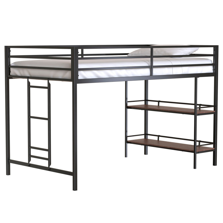 Adam Sturdy Junior Twin Loft Bed Black With Cinnamon Wood Shelf For Kids, Space Saving, Loft Bed With Easy Climbing Ladder And Guardrails, Loft Bed Frame For Bedroom