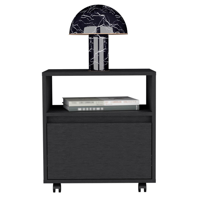 Nightstand 20"H, With One Open Shelf, 1 Drawer And Casters, Black