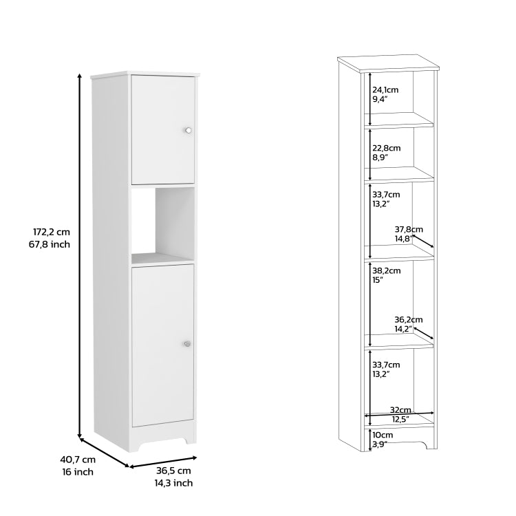 Double Door Cabinet 69" H, Four Interior Shelves, One Open Shelf, White