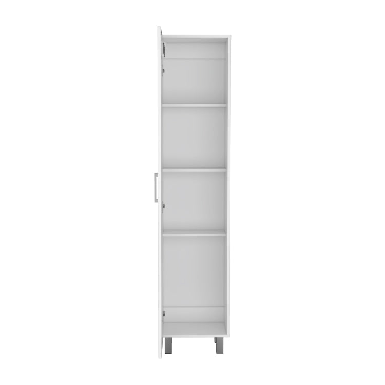 Storage Cabinet 71" H, Four Internal Shelves, Three Broom Hangers, White