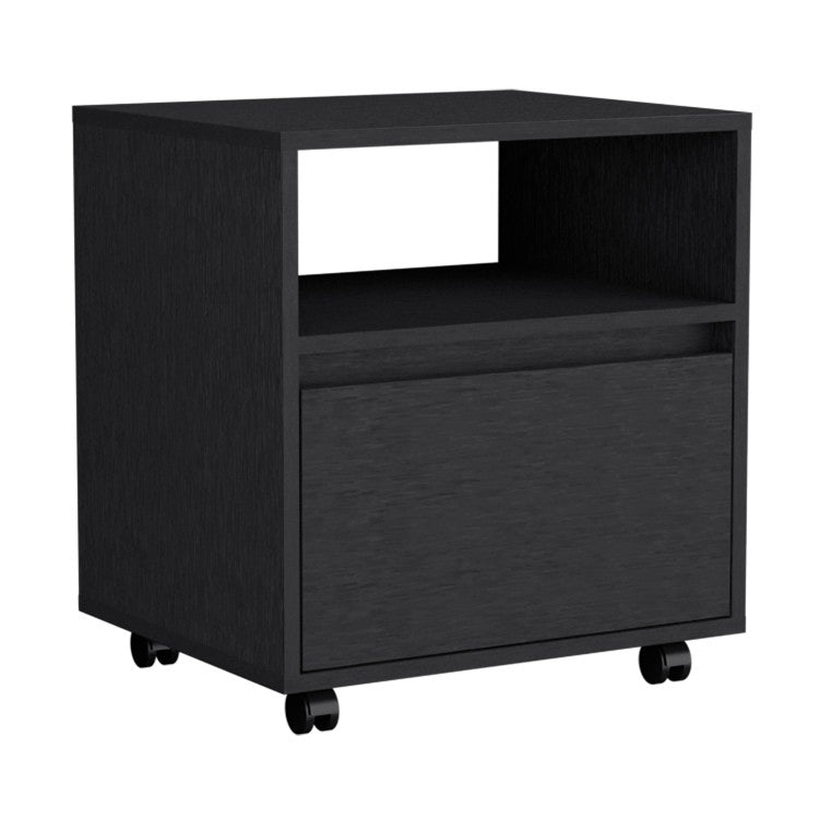 Nightstand 20"H, With One Open Shelf, 1 Drawer And Casters, Black