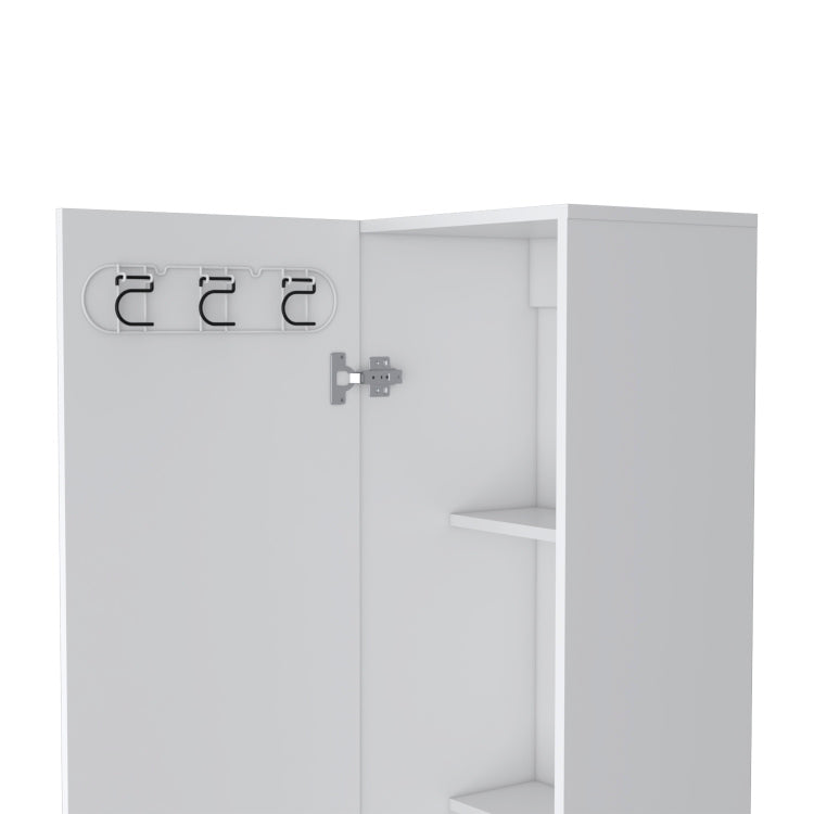 Storage Cabinet 71" H, Four Internal Shelves, Three Broom Hangers, White