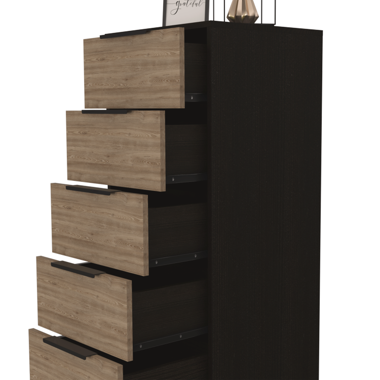Dresser 42"H, 5 Drawer, Vertical Dresser, Black Light Oak