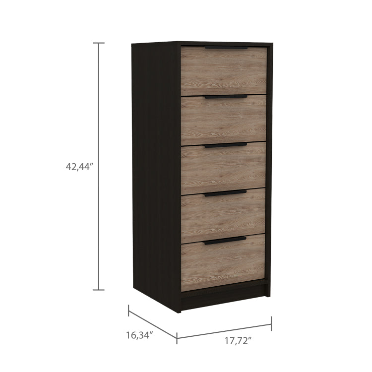 Dresser 42"H, 5 Drawer, Vertical Dresser, Black Light Oak