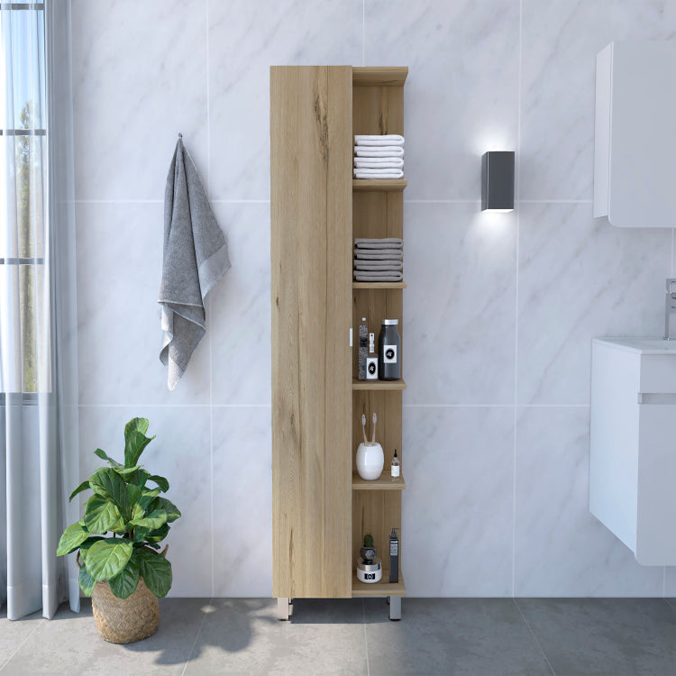 Linen Single Door Cabinet 62" H, Five External Shelves, Four Interior Shelves, Light Oak
