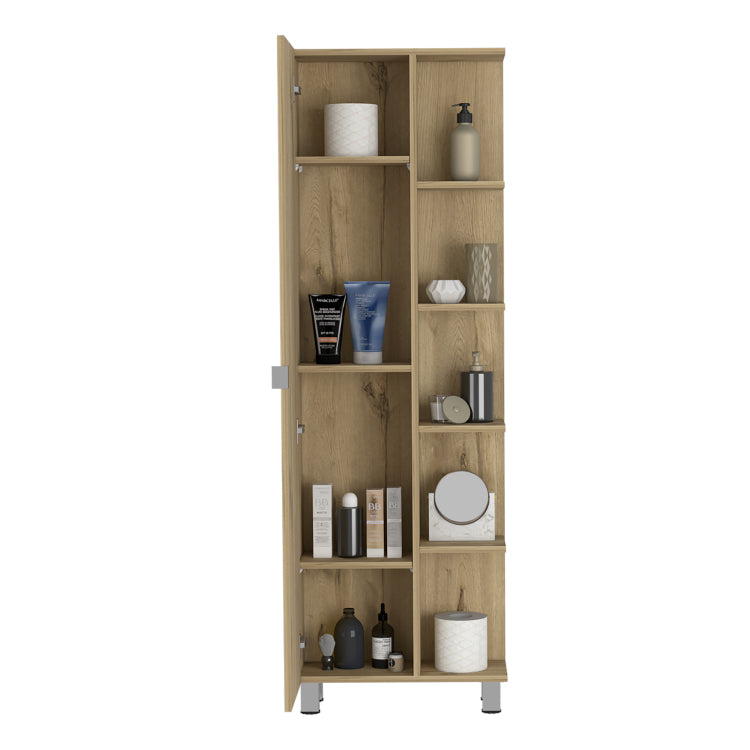 Linen Single Door Cabinet 62" H, Five External Shelves, Four Interior Shelves, Light Oak