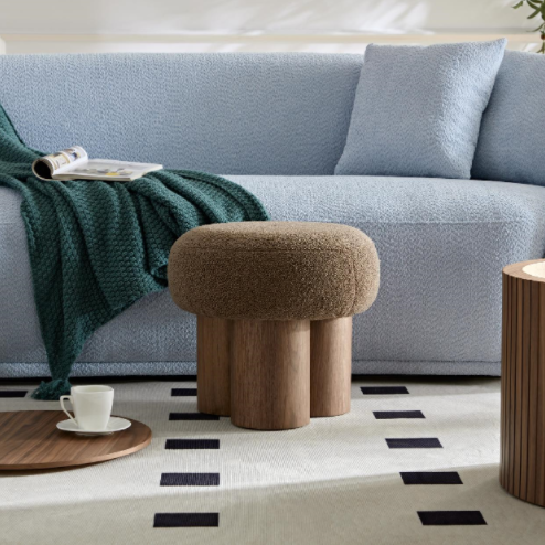 W8017 1 Mushroom Stool, Brown Lamb Wool Seat, Barrel Pvc Pipe With Walnut Veneer