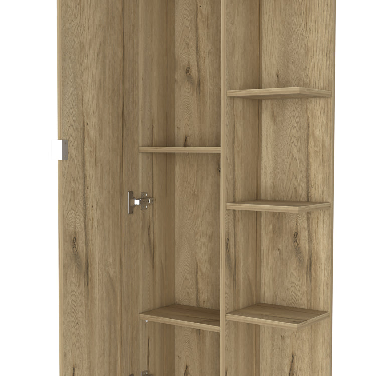 Linen Single Door Cabinet 62" H, Five External Shelves, Four Interior Shelves, Light Oak