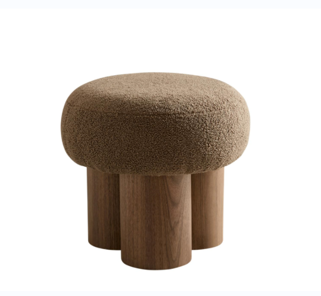W8017 1 Mushroom Stool, Brown Lamb Wool Seat, Barrel Pvc Pipe With Walnut Veneer