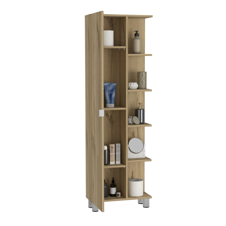Linen Single Door Cabinet 62" H, Five External Shelves, Four Interior Shelves, Light Oak