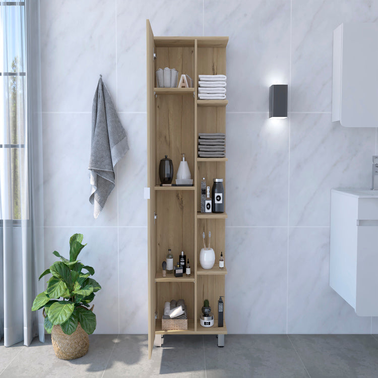 Linen Single Door Cabinet 62" H, Five External Shelves, Four Interior Shelves, Light Oak