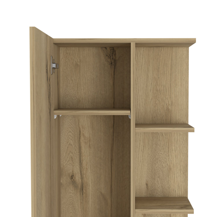 Linen Single Door Cabinet 62" H, Five External Shelves, Four Interior Shelves, Light Oak