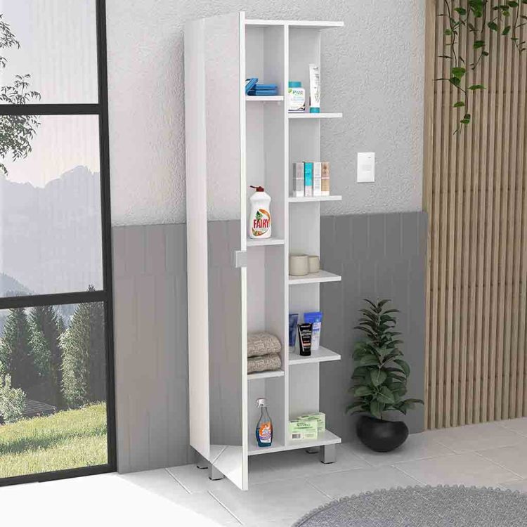 Linen Single Door Cabinet 62" H, Five External Shelves, Four Interior Shelves, White