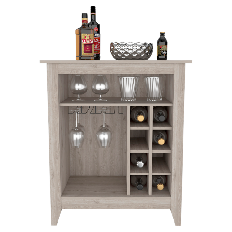 Bar Coffee Cart 38" H, Kitchen Or Living Room Cabinet Storage, With 8 Bottle Racks, A Central Shelf With 1 Cup Holders, Ideal For Storing Glasses, Light Gray