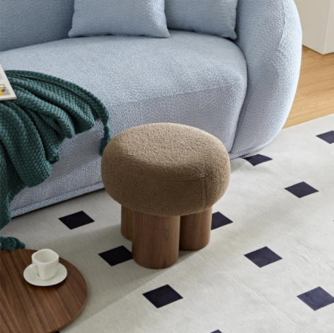 W8017 1 Mushroom Stool, Brown Lamb Wool Seat, Barrel Pvc Pipe With Walnut Veneer